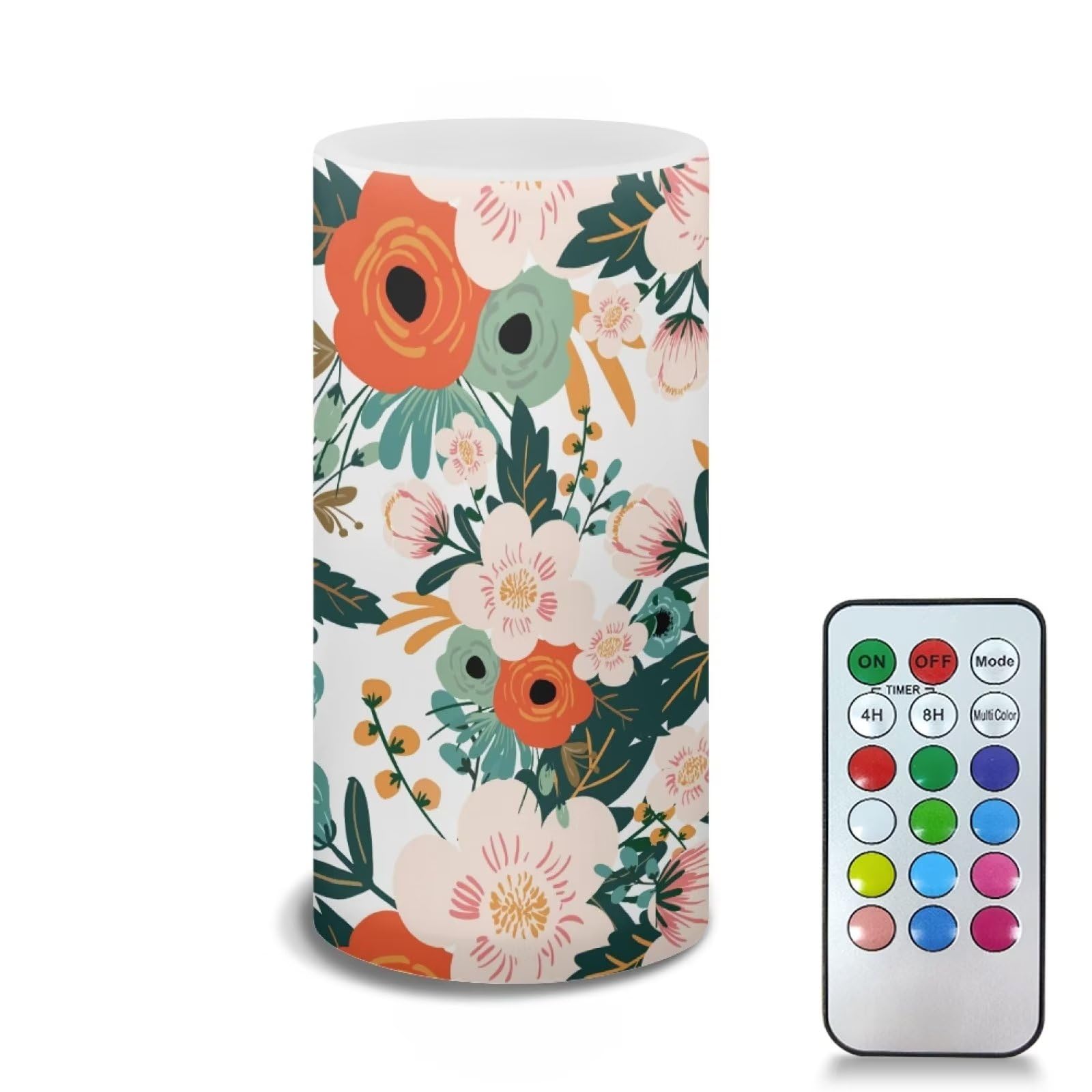 Xoenoiee Floral Print Flameless Light Candles Battery Operated Candles with 12 Colors Changing Timer Remote Control Candles
