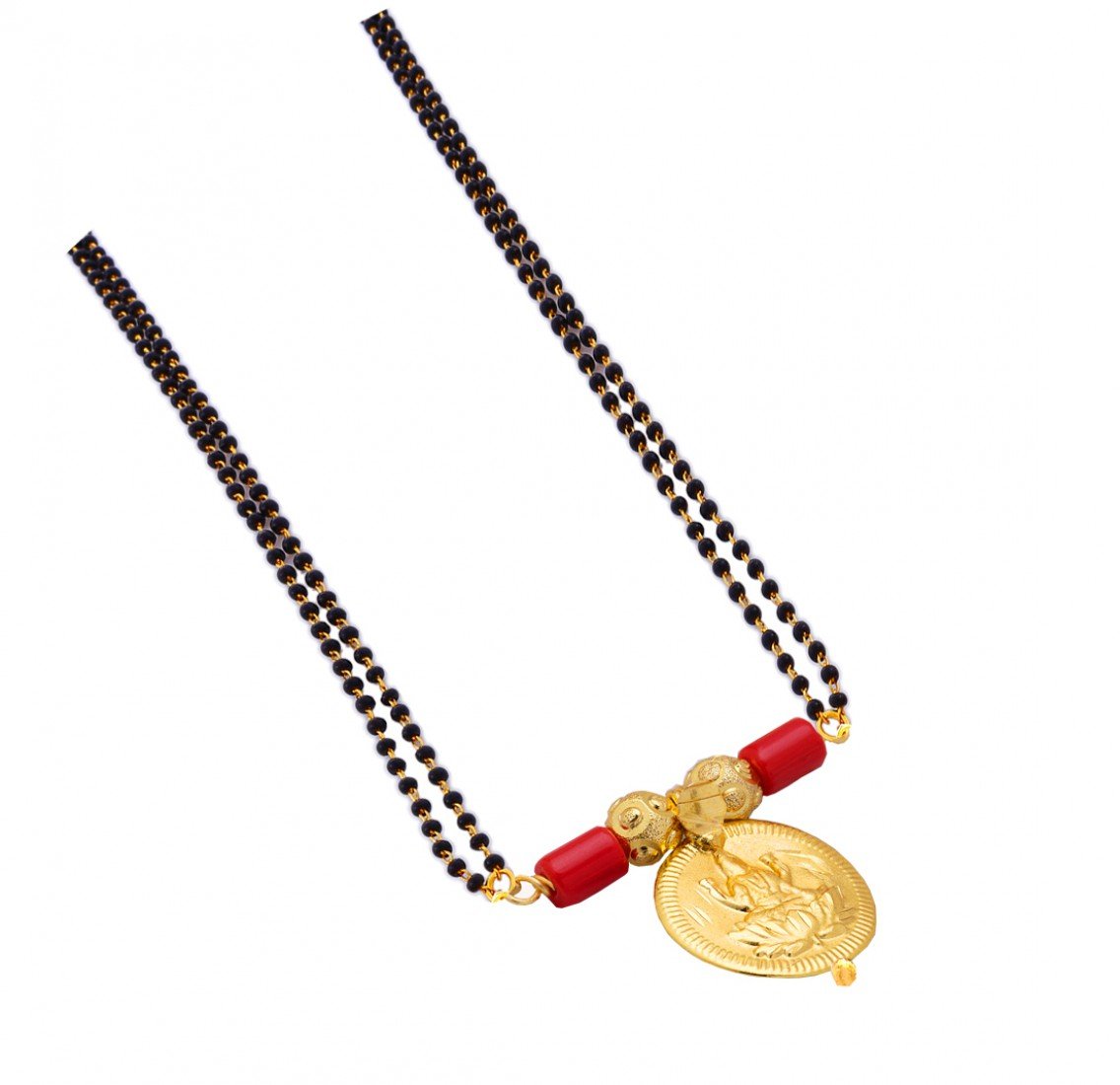 BFC- BUY FOR CHANGE Traditional Ethnic Temple Goddess Laxmi Coin One Gram Gold Plated Mangalsutra with Black Beaded Double Chain and Earrings for Women