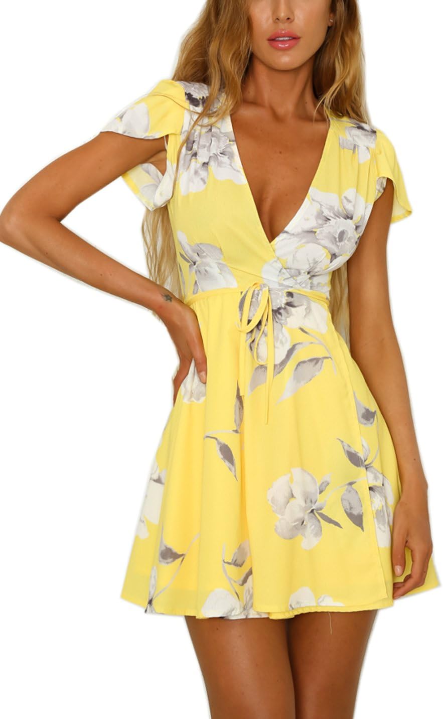 heyinshangmao Women's Sexy V-Neck Short Sleeves Flare Asymmetric Floral Print Party Summer Short Mini Dress (huangse, L)