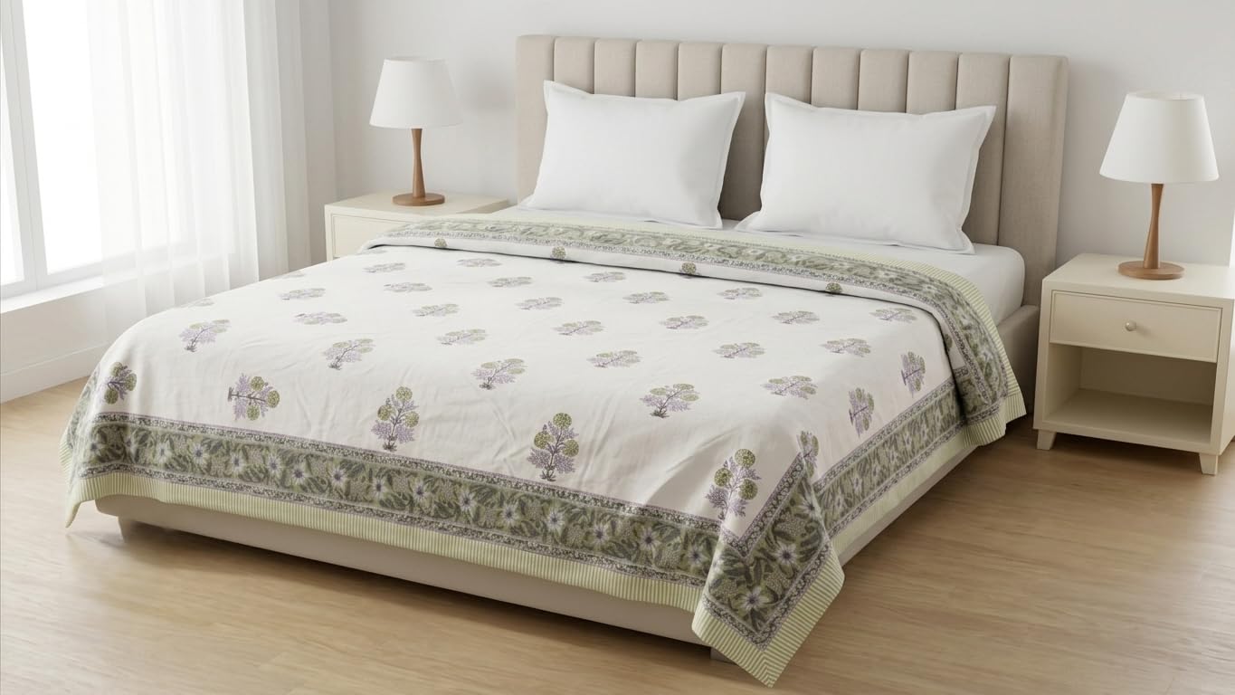 100% Cotton Dohar for Double Bed White Green 274x229 cm | 150 GSM, Reversible AC Comforter, All Season Blanket, Lightweight, Floral Block Print-image-19