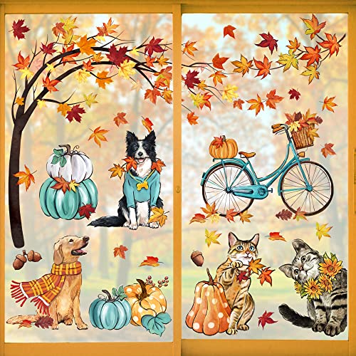 Mfault 59PCS Fall Window Clings 9 Sheets, Autumn Dogs Cats Maple Leaves Pumpkin Stickers Decals Decorations, Puppy Kitty Kitten Bicycle Thanksgiving Living Room Home Kitchen Decor