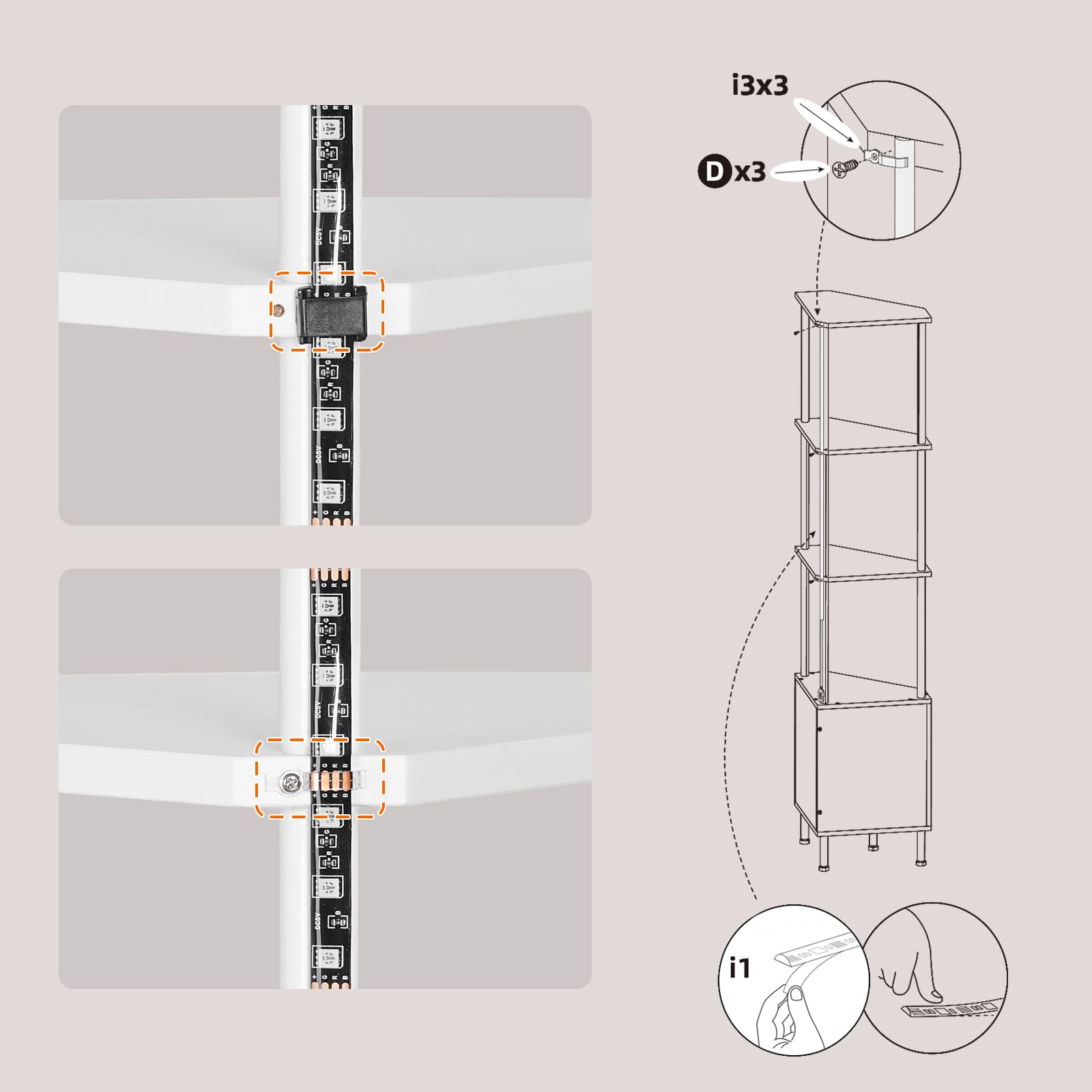 HOOBRO Libreria Verticale Angolare con LED e Mobile Contenitore, Scaffale Industriale da Esposizione, Pannelli a Motivo Diamante, per Soggiorno, Studio, Camera, Marrone Vintage e Nero EBF147DCJ01