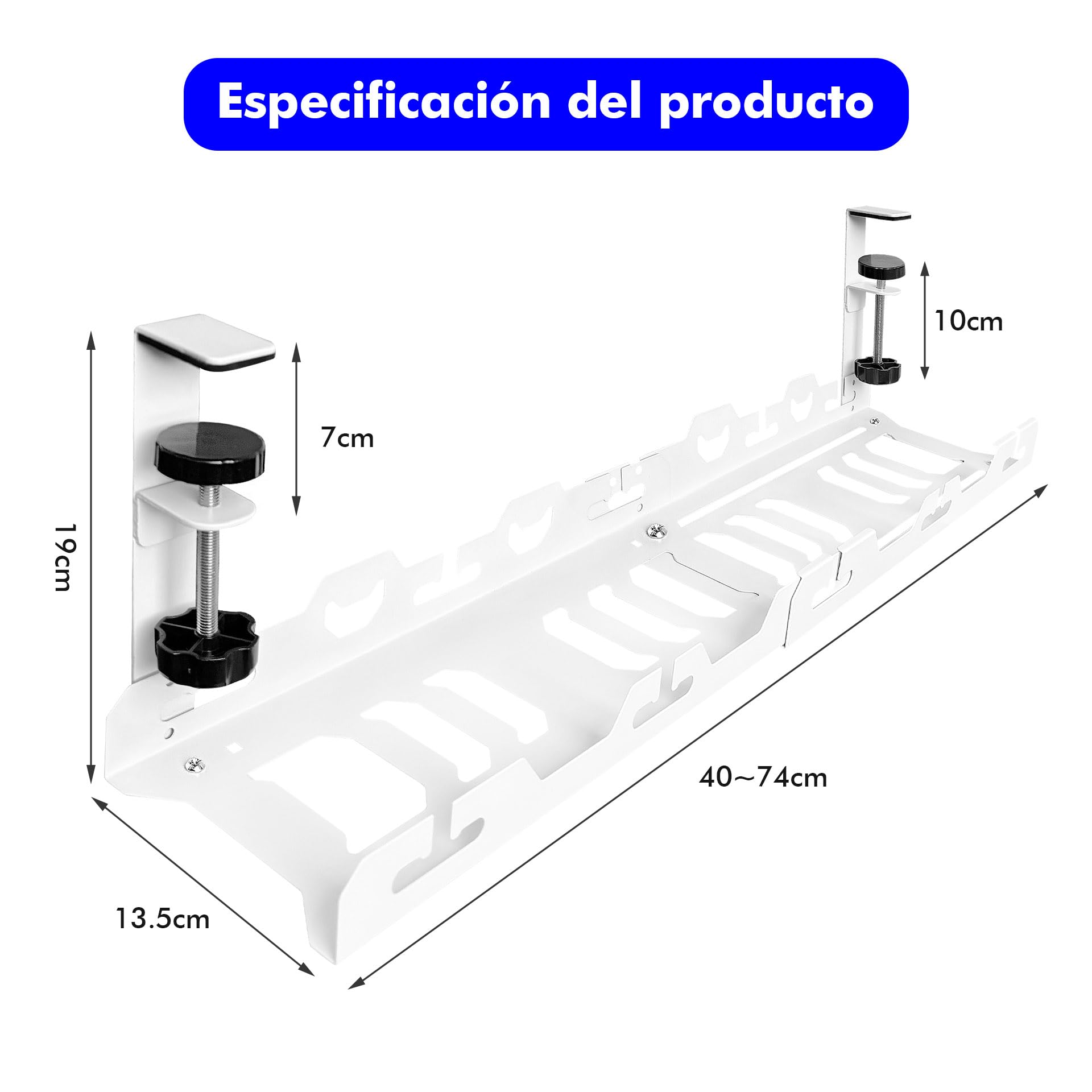 Mimoke Cesta de gestión de Cables Ajustable, sin perforación, Almacenamiento Pesado, Extensible de 40 a 74 cm, Capacidad hasta 15 kg, diseño ventilado, Adecuado para Oficina, Blanco