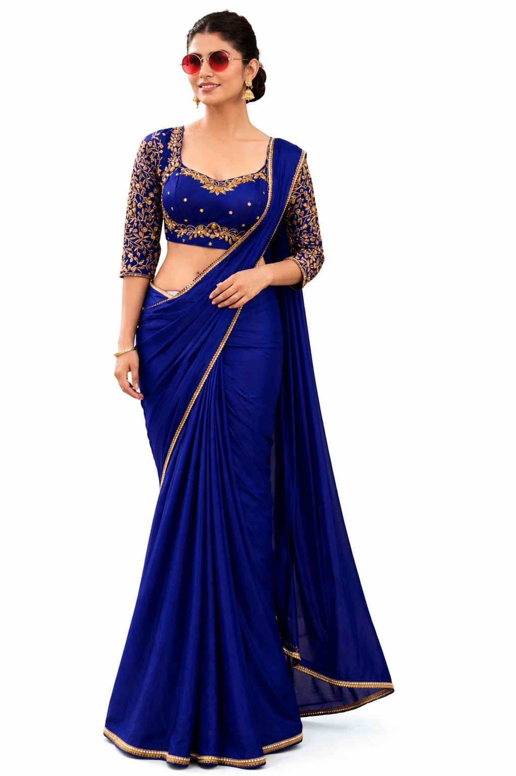 Blue Chinnon Designer Saree with Full Stiched Readymade Blouse with Gold Zari Embroidery-picture-33