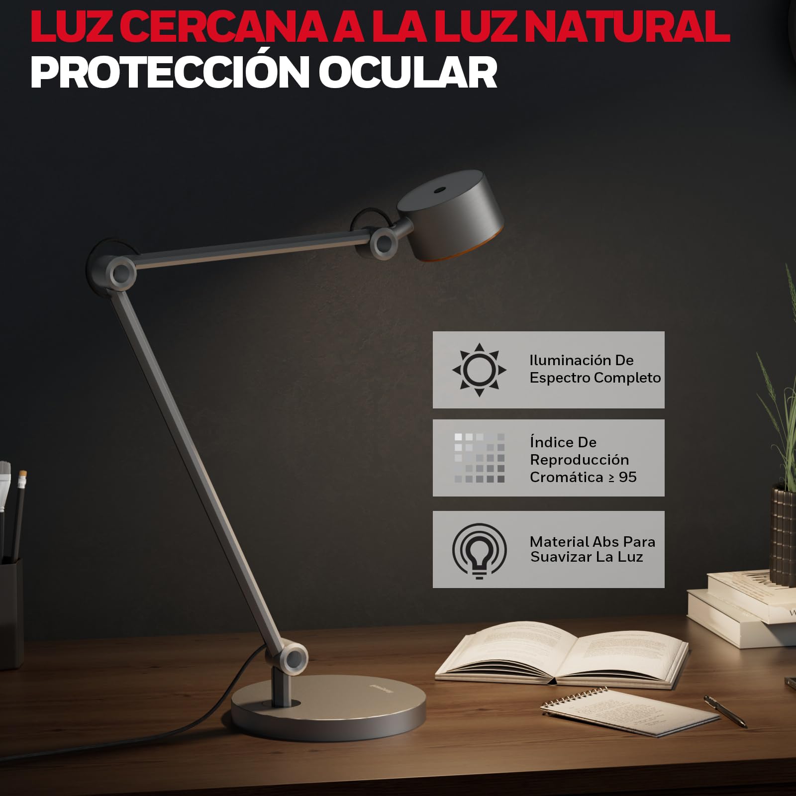 Honeywell Lámpara escritorio LED 01A brazo articulado manualidades | 4000K luz diurna, CRI≥95, RG0 baja luz azul, lámpara de escritorio para arquitecto, cuidado ocular