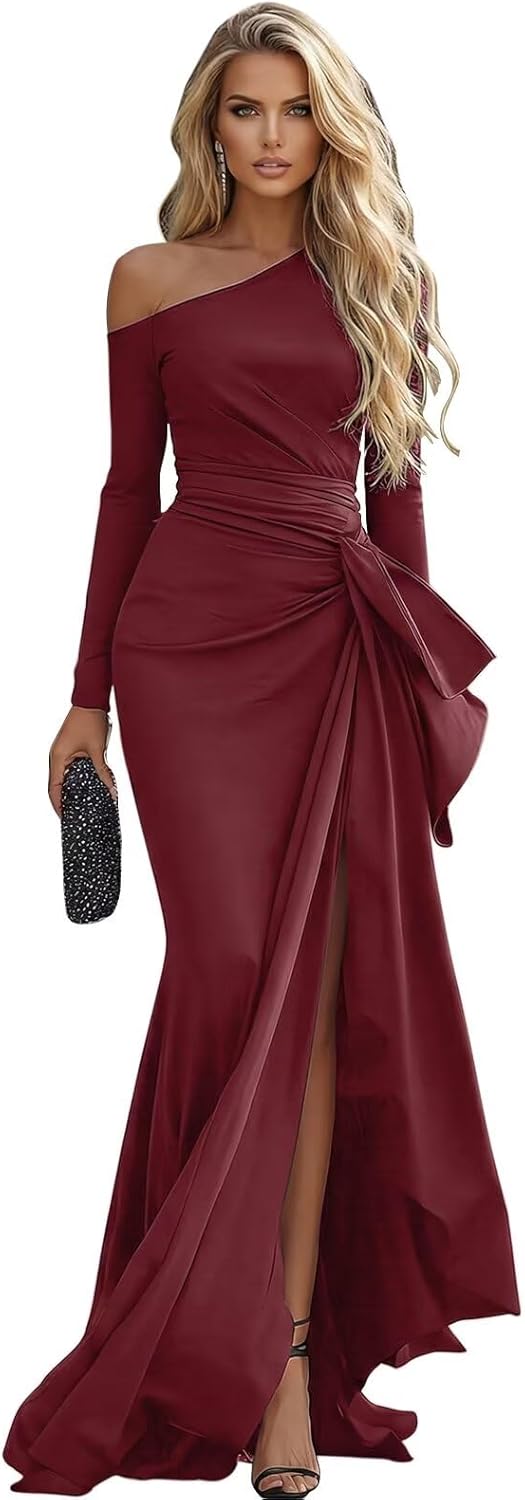 RYANTH One Shoulder Prom Dresses for Women Satin Long Sleeve Formal Dress Pleated Mermaid Evening Gown with Slit - Image 5