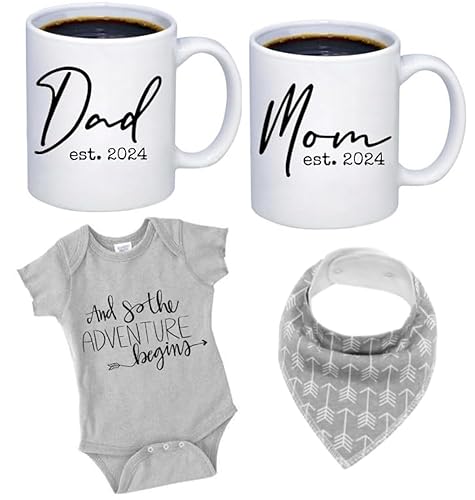 Regalo de embarazo Est 2024  Regalos para nuevos padres  Juego de tazas de 11 onzas  Mameluco (0-3M)  Set de regalo para mamá y papá para padres disponible en Yaxa Guatemala