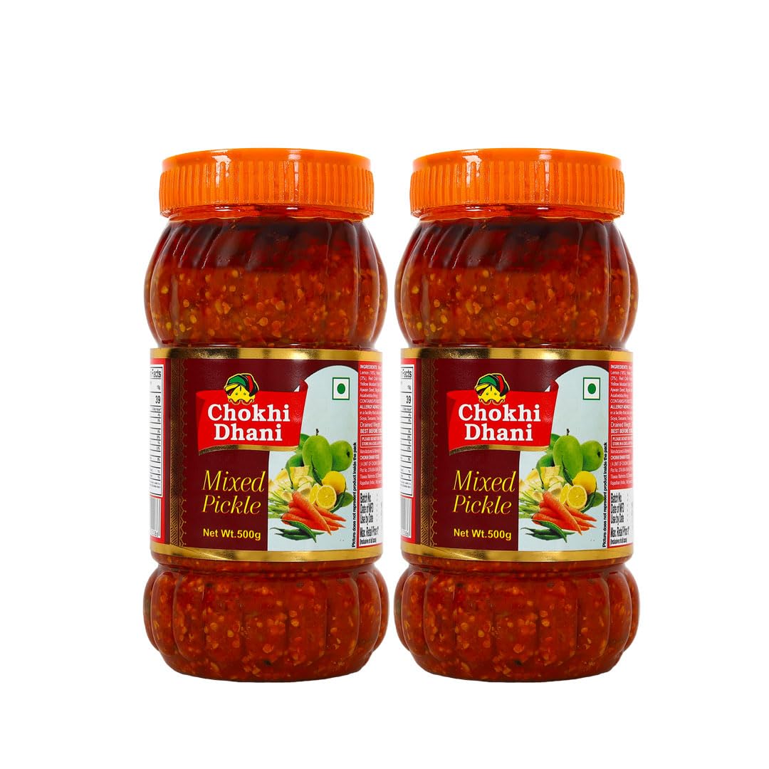 Chokhi Dhani Mixed Pickle, Authentic Indian Style Tangy and Spicy Versatile Mix Achar with Preserved Aromatic Spices and Traditional Taste (Pack of 2, 500g Each)