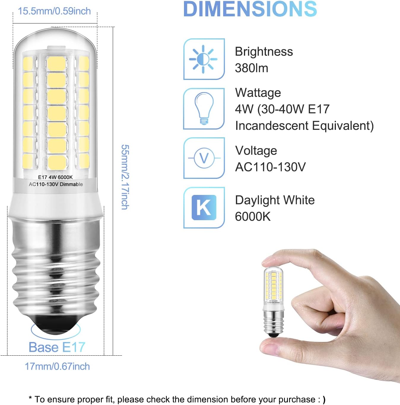 KLG E17 LED Bulb Dimmable, Small Microwave Light Bulb, Daylight 6000K, 4W Replaces 40W Halogen/Incandescent, Over Stove & Range Hood Bulb, 2 Pack