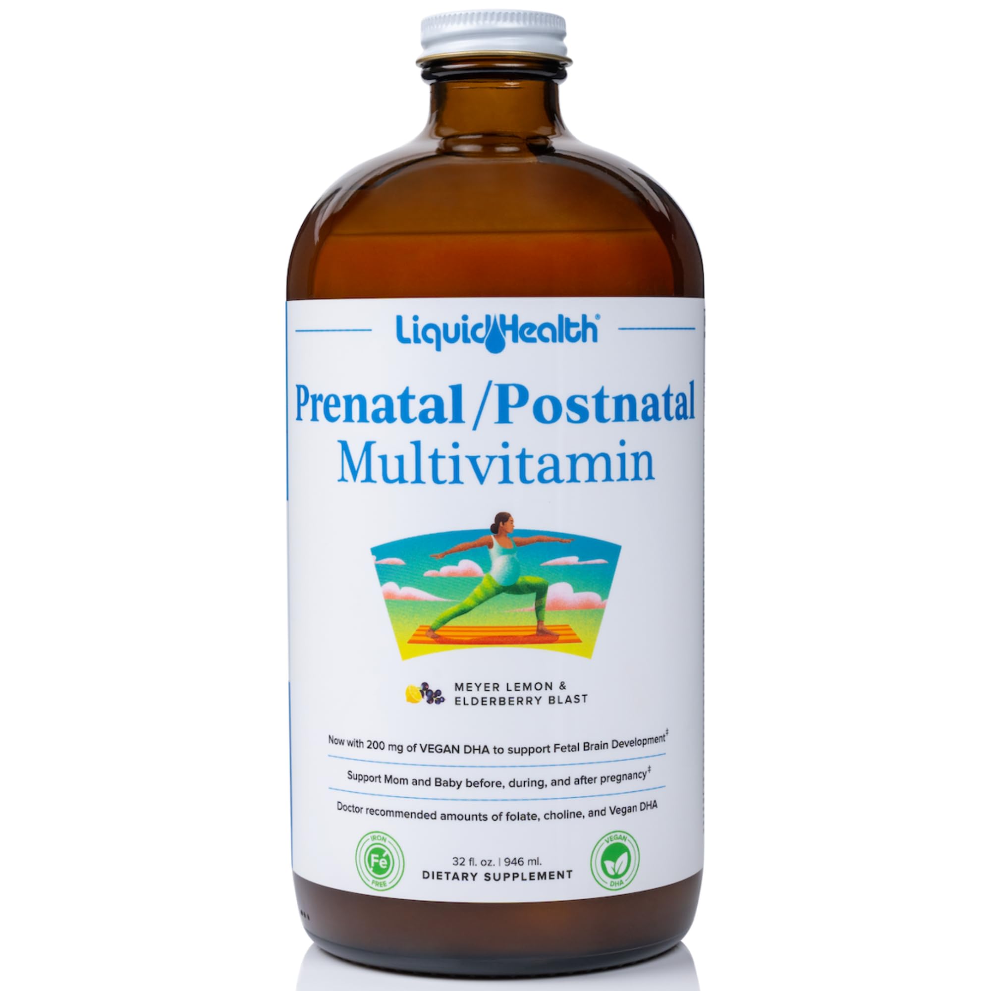 LIQUIDHEALTH Prenatal/Postnatal Multiple Liquid Women's Multivitamin with Real Folate - Pre & Postnatal Vitamins for Before, During, After Pregnancy - Vegan, Sugar-Free, Non GMO, Great Taste (32 oz)