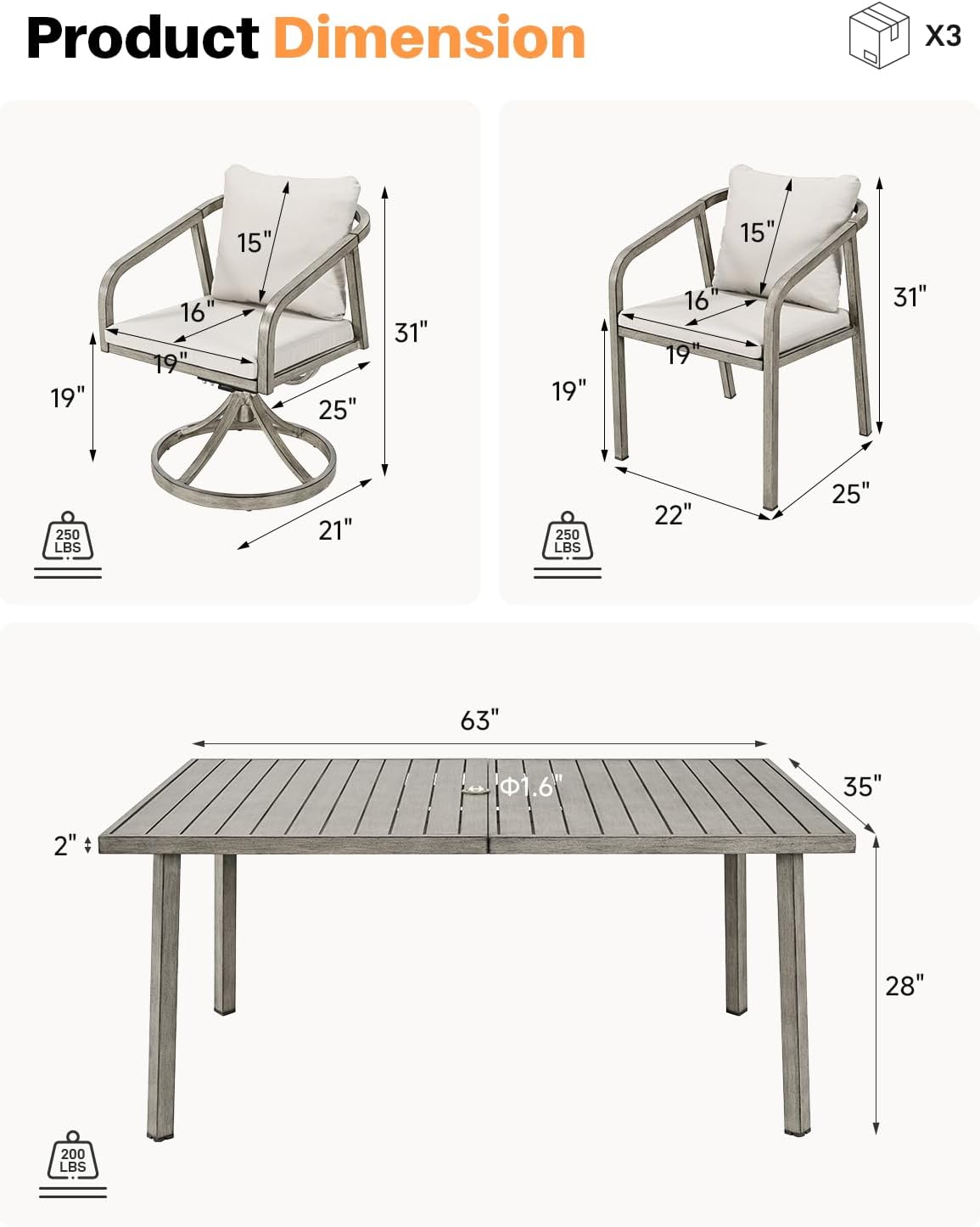 7 Pieces Outdoor Dining Set, Never-Rust Aluminum Patio Dining Set for 6, Outdoor Dining Table Set with 2 Swivel Chairs, 4 Dining Chairs, Patio Furniture Set for Porch, Garden, Gray Oak