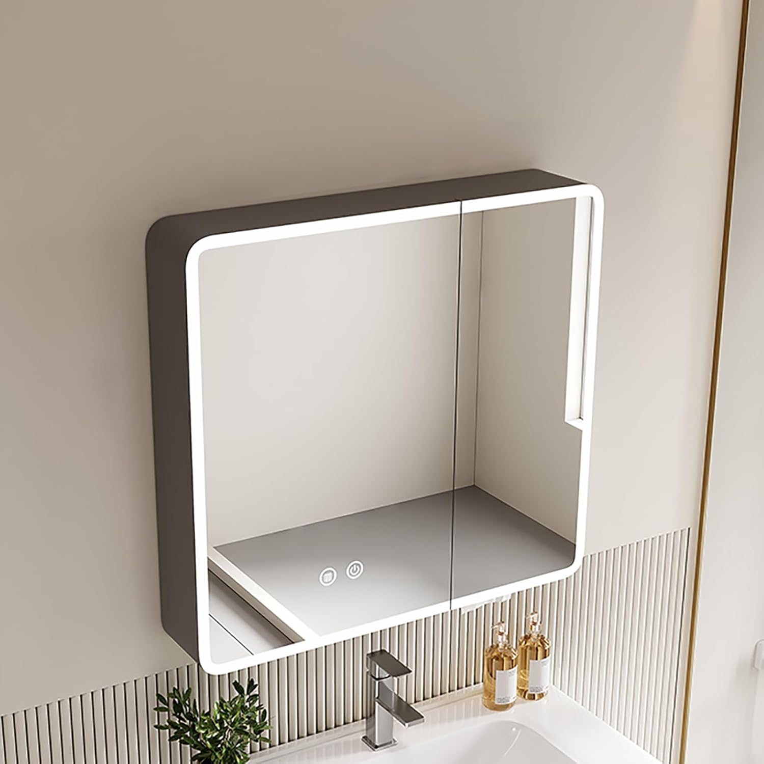 Rounded Corner Medicine Cabinet with LED Lights, Anti-Fog Bathroom Mirror Storage Shelf, Wall-Mounted Vanity Mirror for Bathroom, Stylish & Functional Design,Grau,70cm/28in