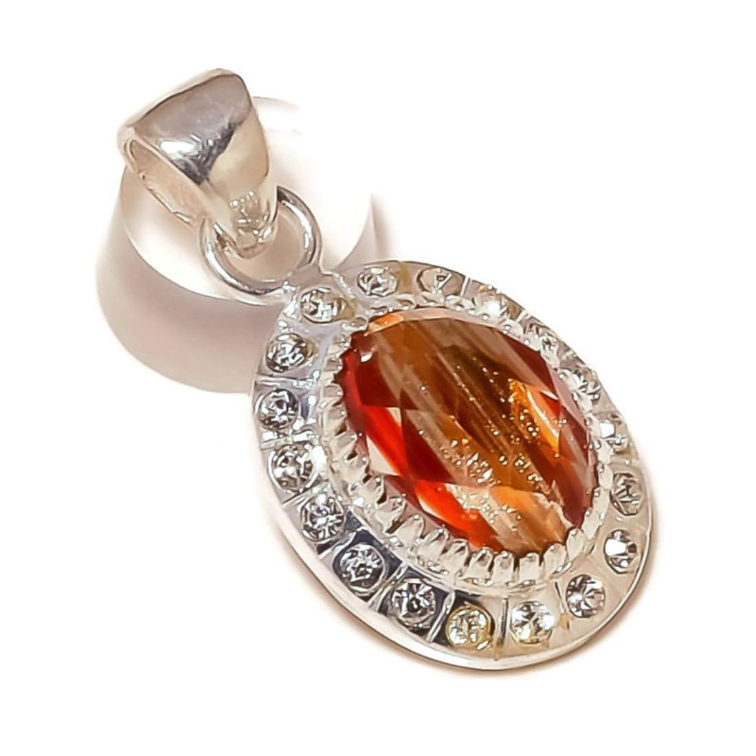 jainavFaceted Red Rutile Glass, Cubic Zirconia Gemstone Silver Plated Handmade Pendant