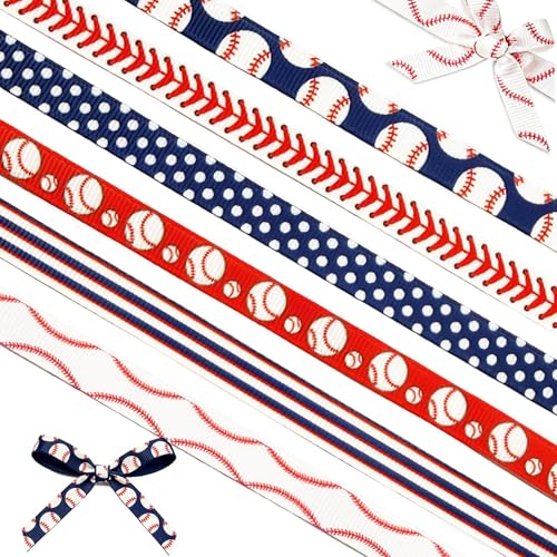 6 Pack Baseball Ribbon for Crafts Red Blue Sports Grosgrain Ribbons for Sports Party Decor Sewing DIY Crafts Supplies (1cm X 5 Yards Each)