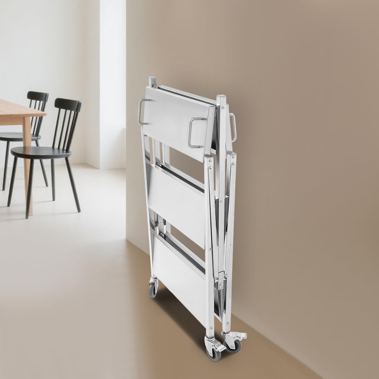 Carro de servir con ruedas, 3 niveles plegable de acero inoxidable, mesa giratoria de metal resistente, carrito de cocina con encimera y asas de acero inoxidable, ideal para restaurante, cocina y