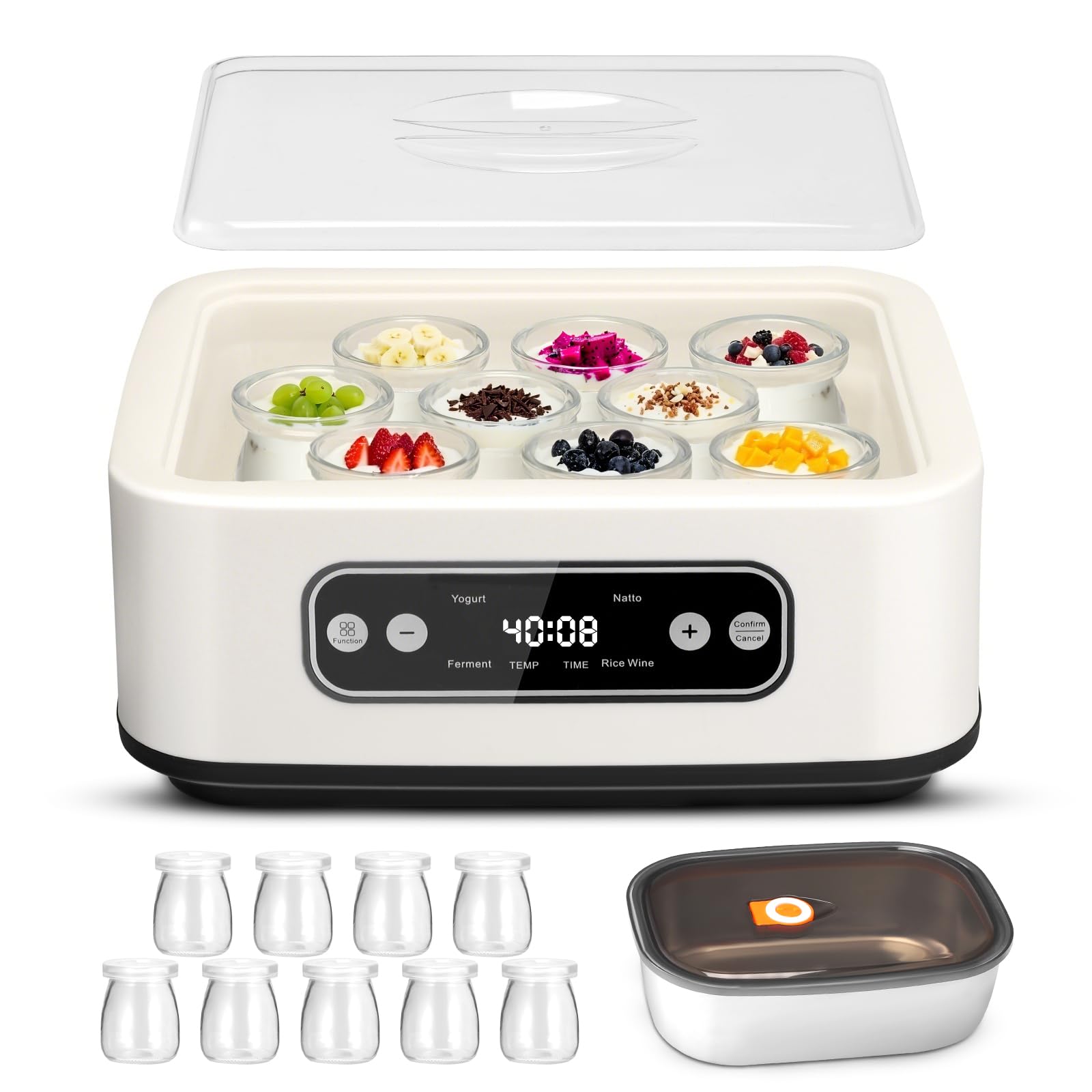 1.6L Automatic Yoghurt Maker with 9 Glass Jars, 304 Stainless Steel Inner Pot, Adjustable Timer and Temperature, Electric Yoghurt Maker for Homemade Yoghurt, Natto and Rice Wine Fermentation