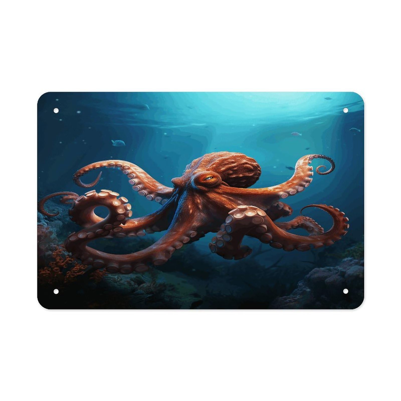 Ocean Animal Octopus Metal Tin Sign 12"x8" Wall Art Prints Poster Decorative Picture Metal Signboard Decor Painting Folded Edge Iron Sheet Painting with Holes for Wall Decor