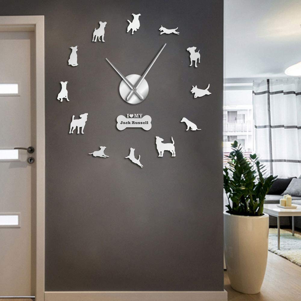 Horloge Contemporaine Jack Russell Effet Miroir Art Mural Argent