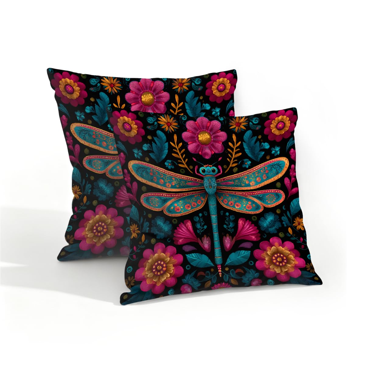 Outdoor Pillow Covers Waterproof Pillowcases 16x16in Set of 2 Colorful Floral Dragonfly Decorative Throw Cushion Case for Couch Sofa Garden Patio Furniture