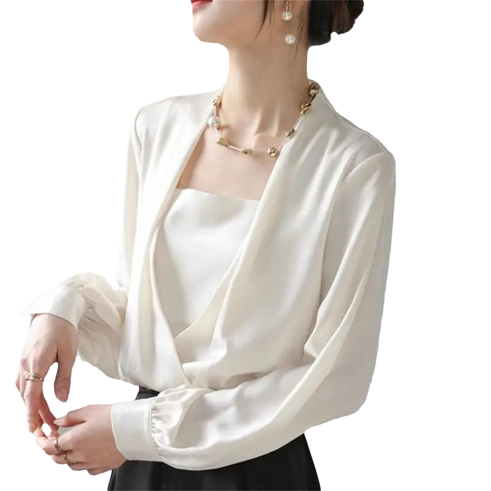 Blusas de satén de manga larga para mujer, para primavera, oficina, trabajo, elegante, casual, holgada