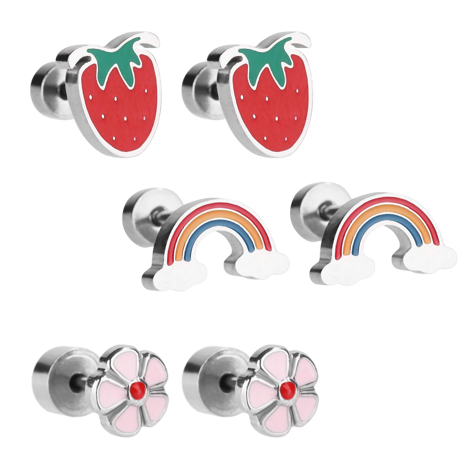 Mikovivi 3 Pares Lindo Pendientes Niñas Mujer, Pendientes Pequeños de Fresa para Orejas Sensibles Pendientes con Rosca Arco Iris Flor Acero Quirúrgico Pendientes Perforados para Niños Pequeños
