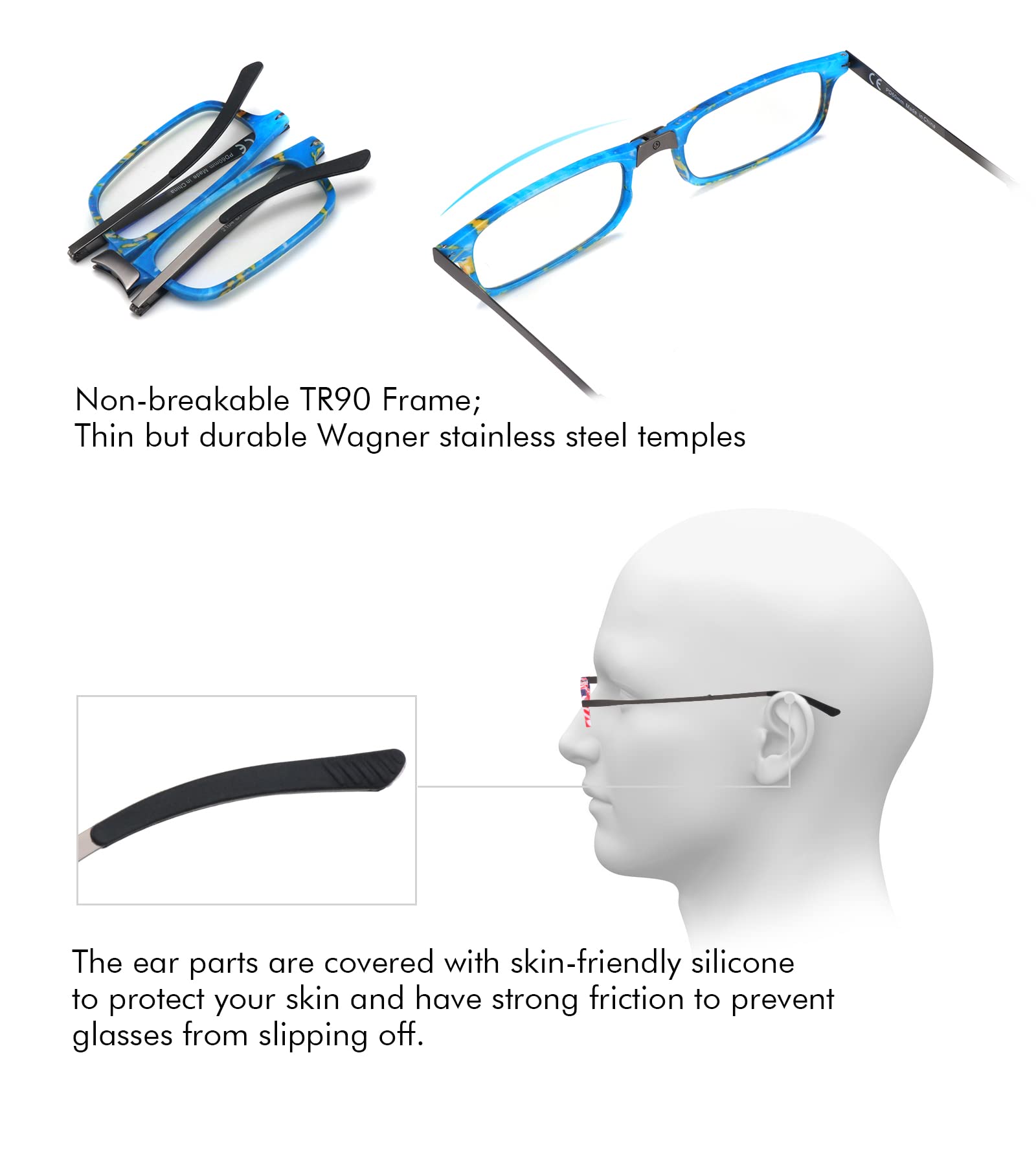 Missfive Gafas de lectura plegables ultradelgadas, para hombres y mujeres, ligeras, portátiles, con bolsillo, funda rígida plana