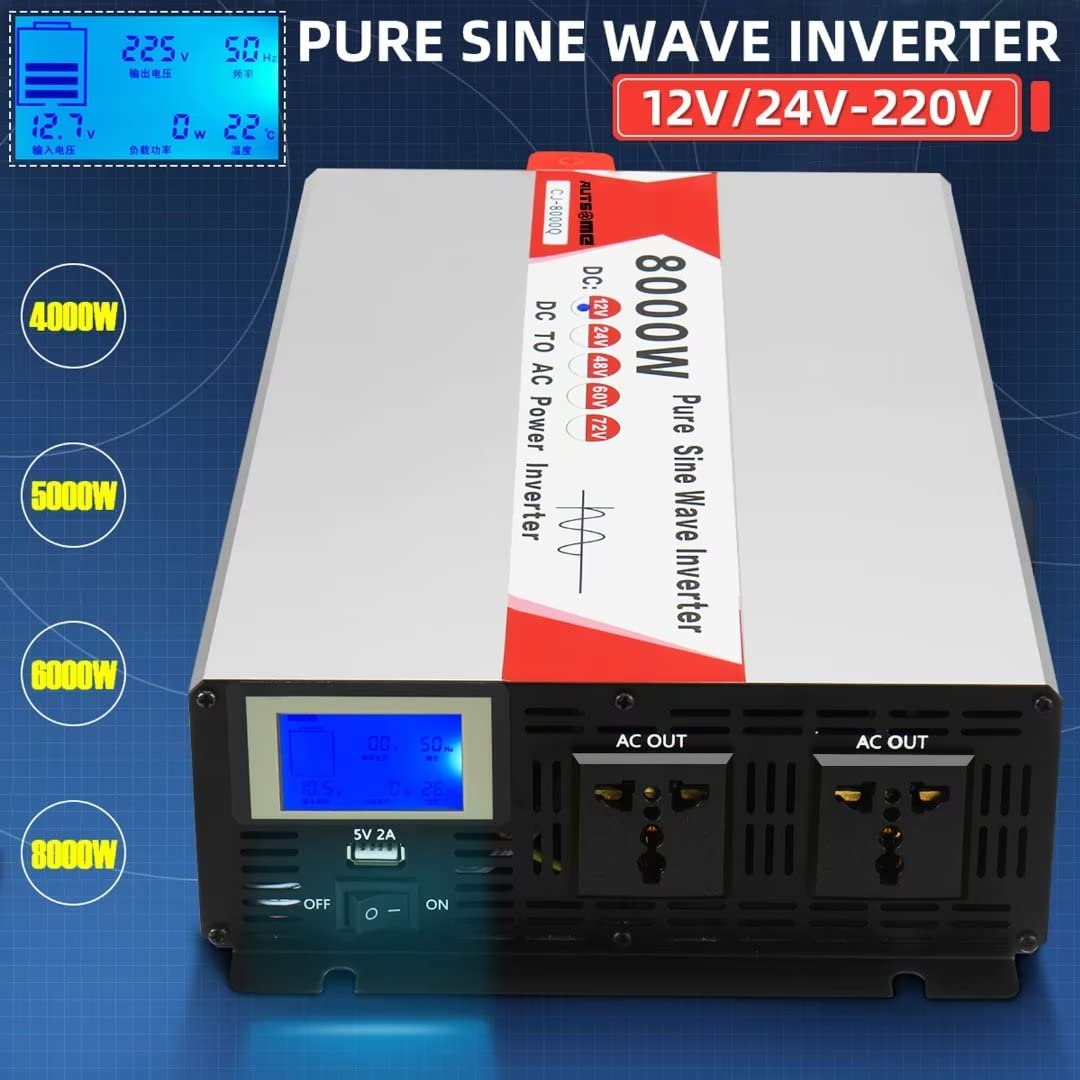 8000W Max Power Inverter DC 12v/24V/48V/60V a AC 220v Car Power Inverter 2 Universal Socket + Smart Color Screen Pure Sine Wave Power Inverter (6000W, 60V-220V)