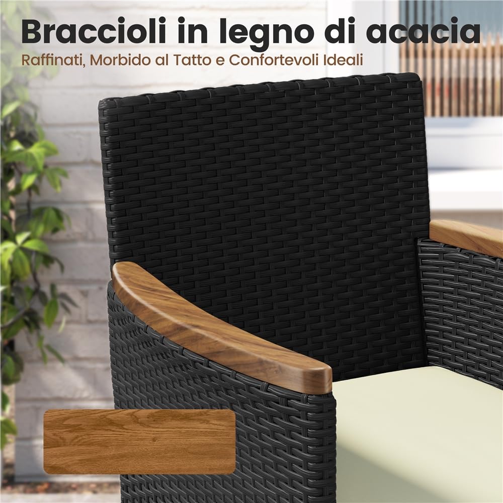 Yaheetech Set di 5 Mobili da Giardino in Rattan PE Mobili da Balcone con 2 Poltrone 2 Poggiapiedi 1 Tavolino in Vetro per Esterno Patio Terrazza Nero/Beige