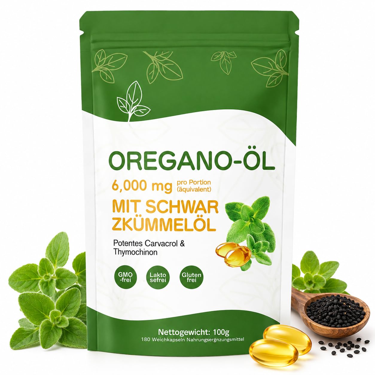 Oregano Öl Kapseln 6000 mg, 180 Softgels – 2-in-1 Oreganoöl mit Schwarzkümmelöl