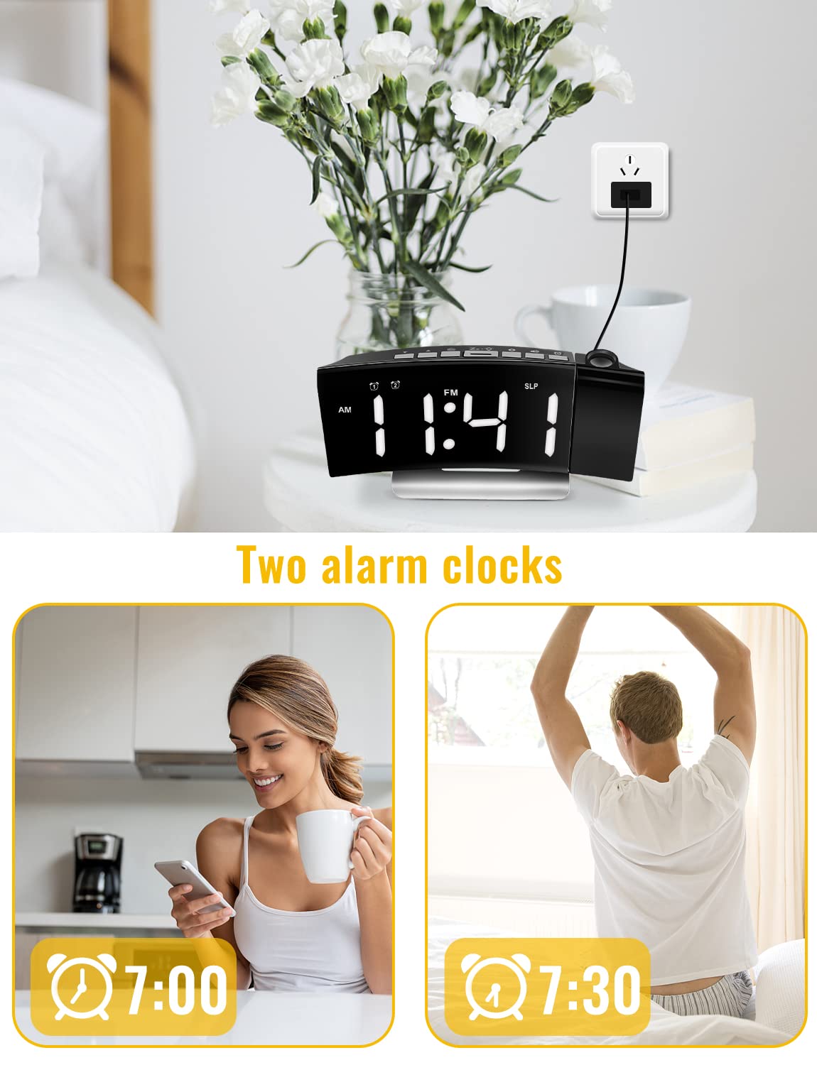 TAKRINK Sveglia da Comodino con Proiettore Ruotabile di 180 Gradi Sveglia Digitale Luminosità Regolabile Sveglia con Proiettore 12/24H Display LED Doppia Sveglia Snooze FM Radio