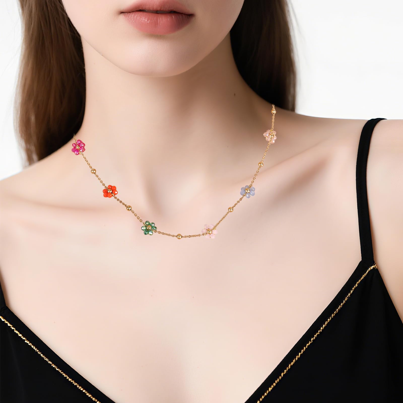 Mikovivi Naszyjnik z Koralików Kwiatowych, 40+5 cm Naszyjnik z Koralików w Kwiaty Stokrotki Modne Regulowane Naszyjniki Słodka Kolorowa Biżuteria Choker dla Kobiet