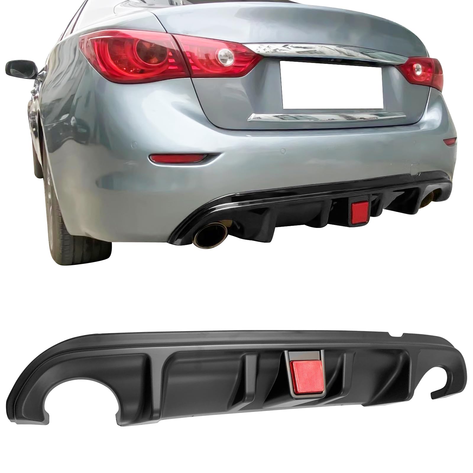 IKON MOTORSPORTS, Rear Diffuser Compatible with 2014-2017 Infiniti Q50, Matte Black PP Add-On Rear Bumper Lip Diffuser Spoiler Splitter Kit with Brake Light, 2015 2016