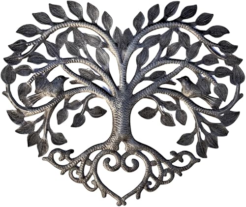 Decoración de árbol de la vida en forma de corazón de metal, obra de arte para colgar en la pared, hecha a mano en Haití, familia celta, 17 x 16