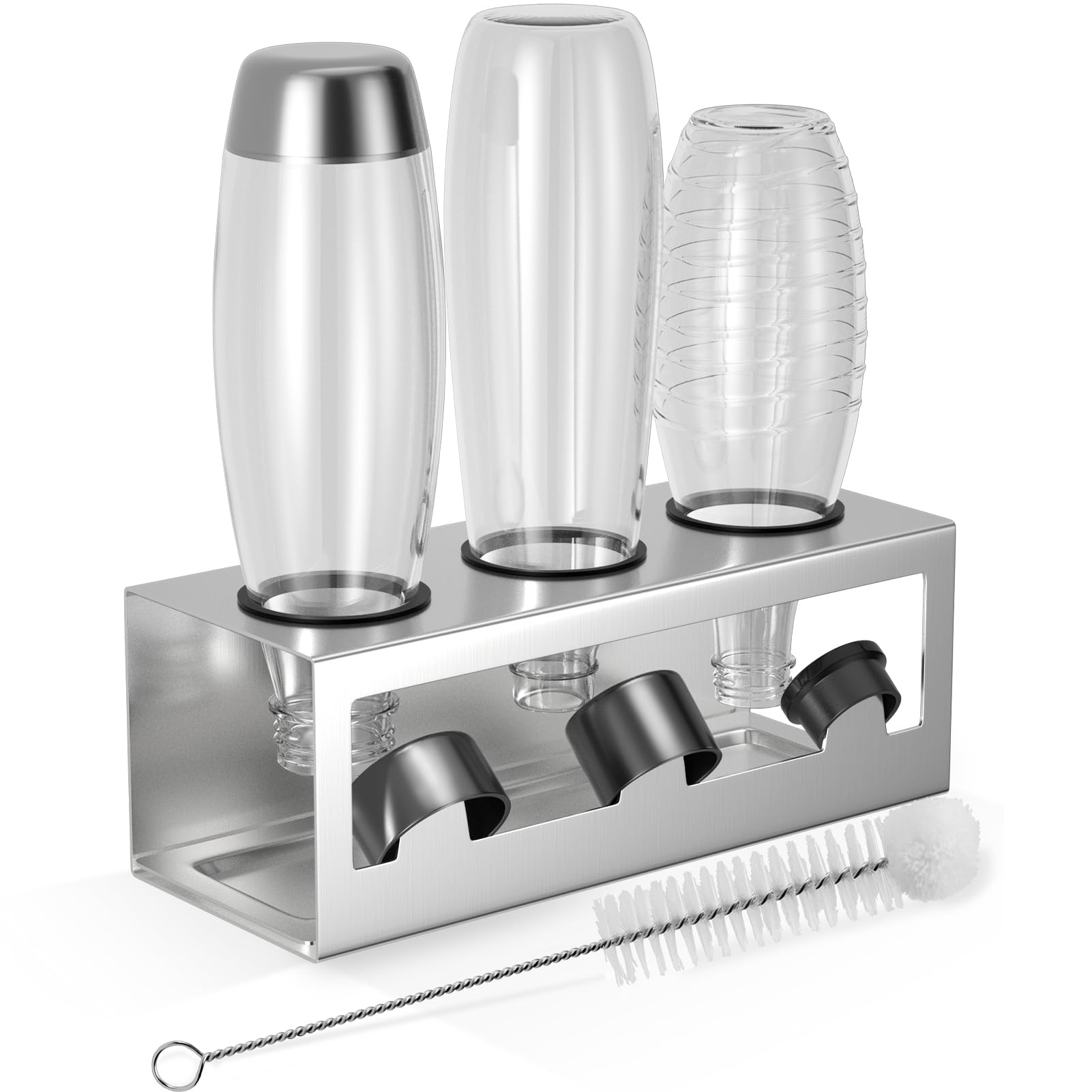 HOMMAND Flaschenhalter für SodaStream Crystal und Emil Flaschen, Edelstahl Flaschenhalter Abtropfgestell Abtropfständer für 3 Flaschen, mit Silikonschutzringe, Abtropfschale und Deckelhalter Silber
