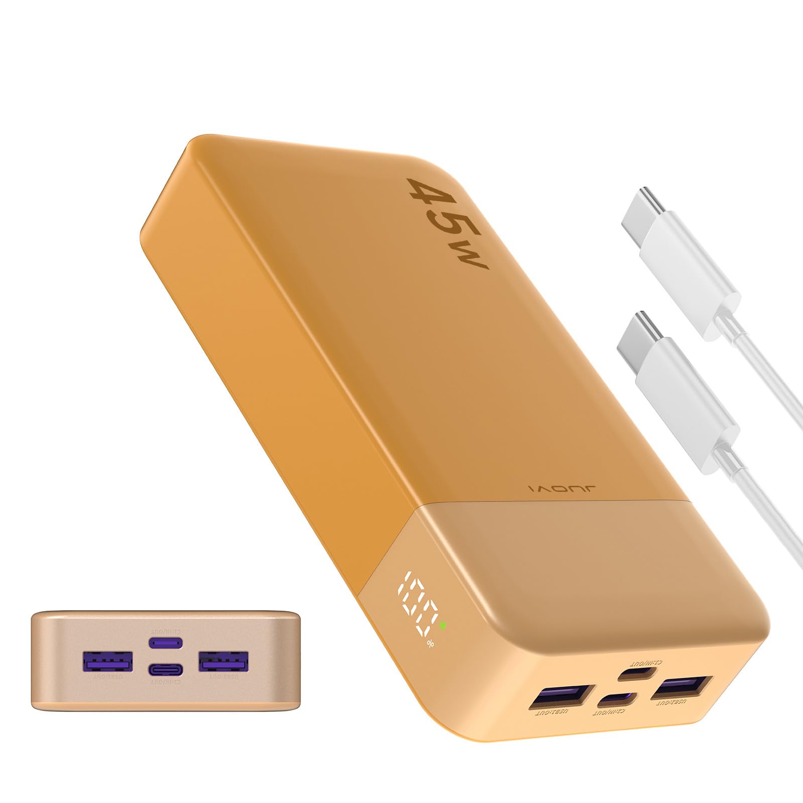 JUOVI Power Bank Ricarica portatile 20000mAh 45W, ricarica super rapida con display a LED caricatore portatile del telefono, banca di alimentazione USB C per MacBook, per iPhone 15 (Arancione)