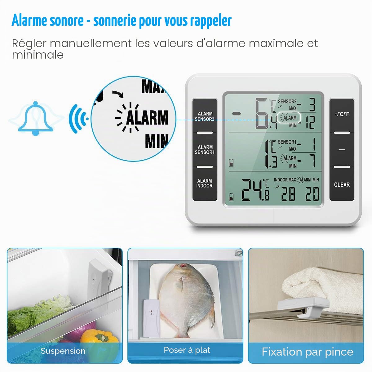 Brifit Thermomètre Frigo Connecté - Alarme Congélateur, Intérieur/Extérieur Sans Fil avec 2 Capteurs, MIN/MAX et Alarme Température pour Maison