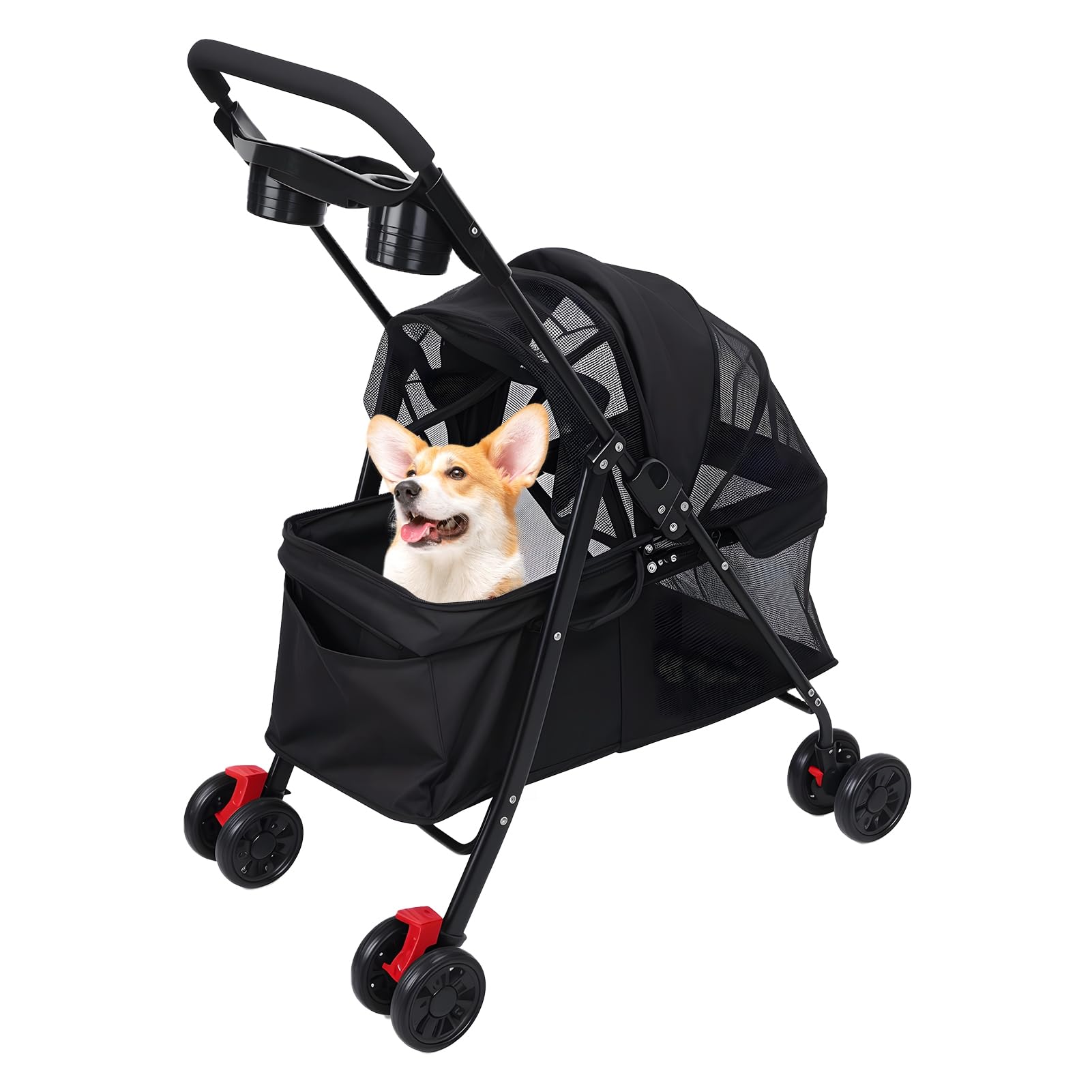 4-Wheel Pet Stroller for Small to Medium Dogs & Cats, Foldable Outdoor Pram with Cup Holder, Breathable Mesh, Dual Brakes, Visible Window for Travel & Shopping Black