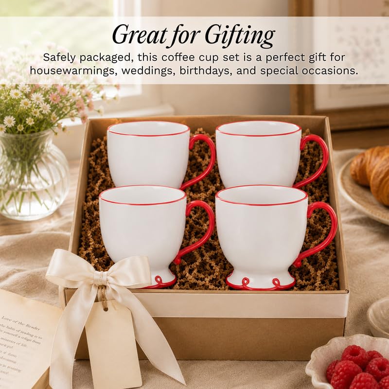 Image of SANGO Splash of Cheers Large Mugs Set of 4, 16 oz Stoneware Red and White Coffee Mugs, Ceramic Drinkware for Coffee or Tea, Durable Everyday Cups, Dishwasher & Microwave Safe, Scalloped Mug Set