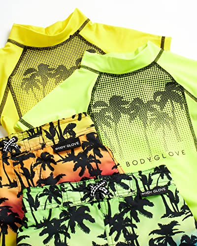 Body Glove Toddler Baby Boys' Rash Guard Set - 4 Piece Upf 50+ Short Sleeve Swim Shirt And Bathing Suit Swimsuit Set, Size 4T, Orange/Yellow Palm Trees #TOP1