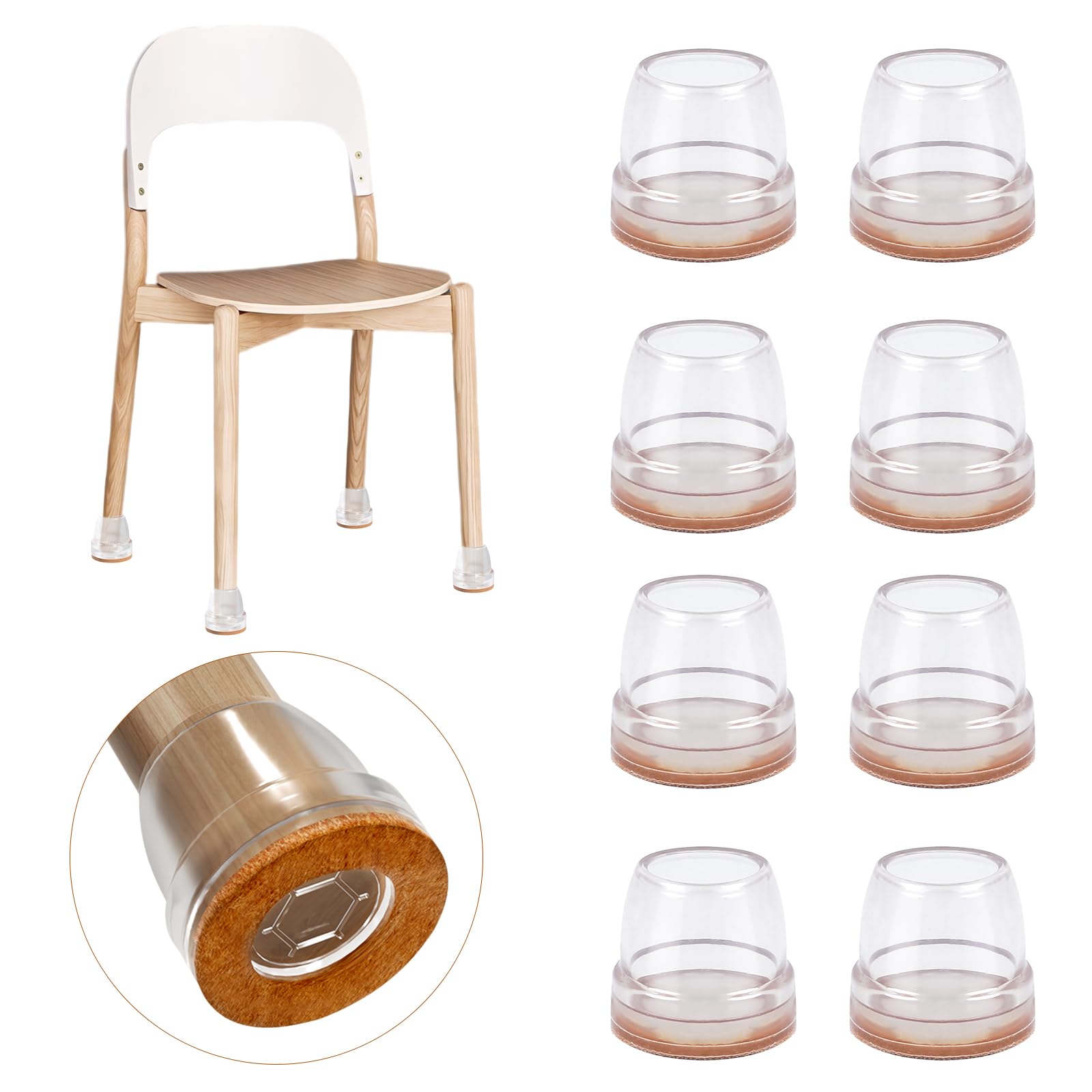 Ezprotekt Protectores de Suelo de Silicona Transparente para Patas de Silla 16-20mm, 16 Tapones de Silicona para Patas de Silla con Fieltro Envuelto, Fundas de Silicona para Patas de Silla Redondo