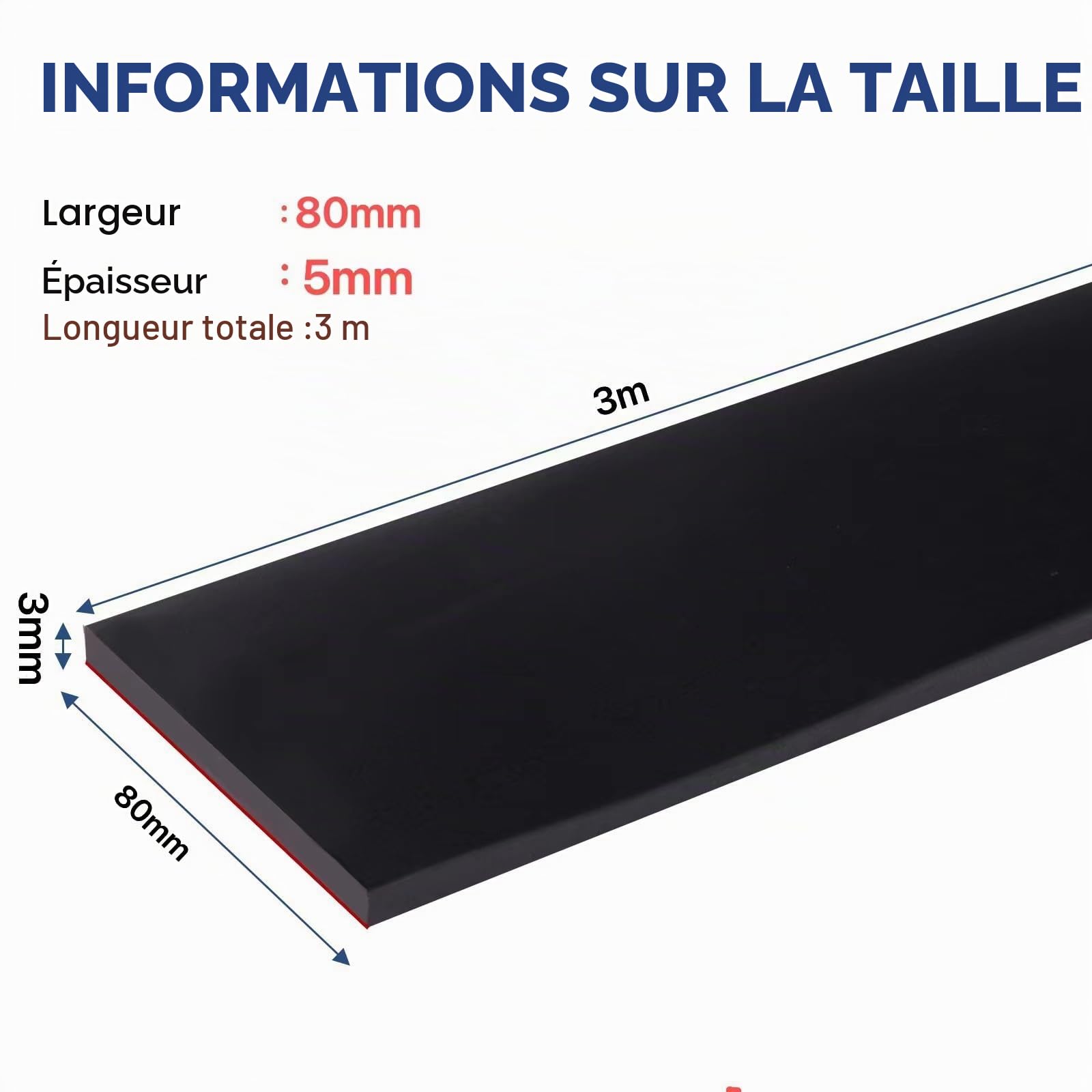 Bande de Caoutchouc adhesif Feuille de Caoutchouc néoprène, 80 mm x 5 mm x 3 m pour Joints Protection du revêtement de Sol, Bricolage, Protection des sols, antidérapant, Anti-Vibrations