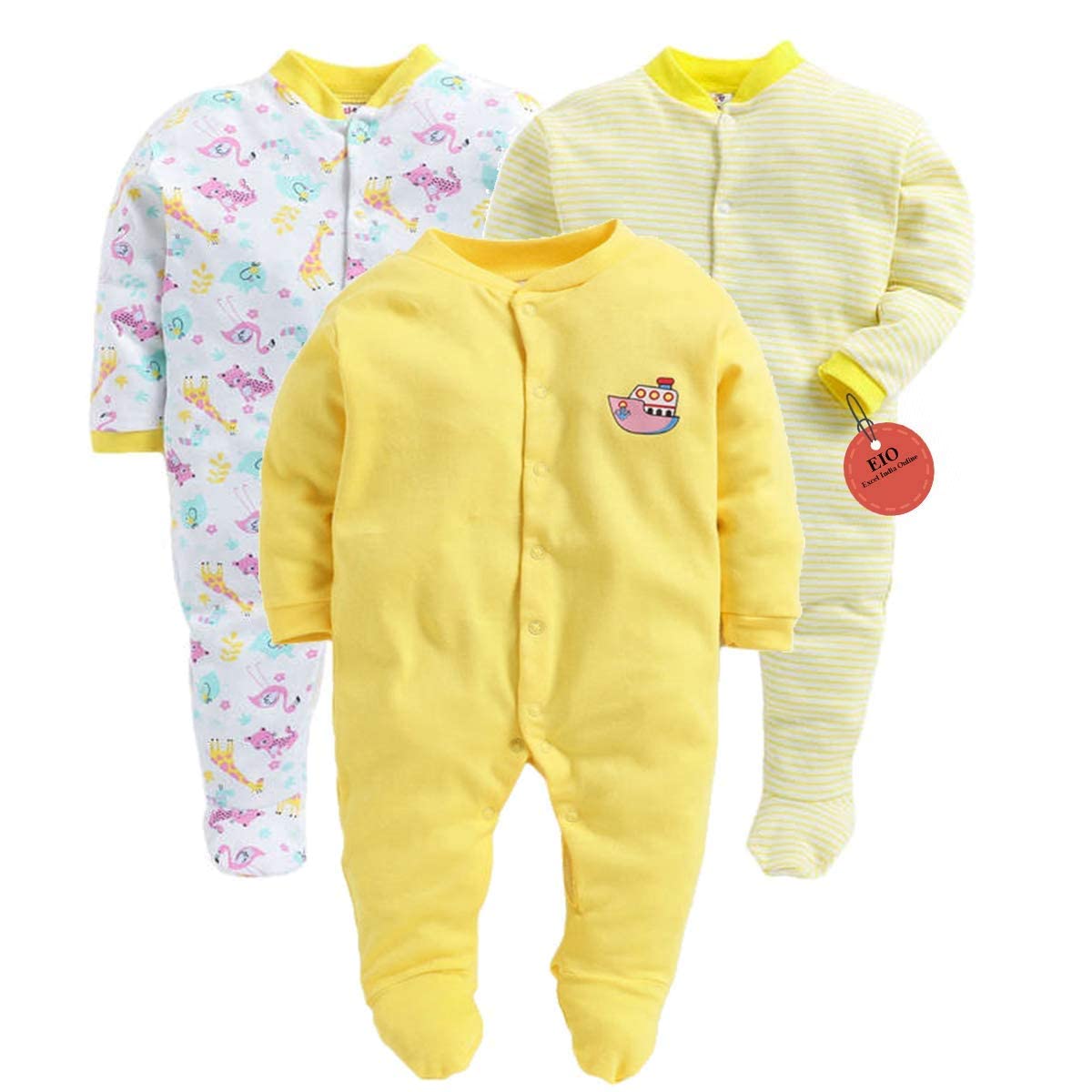 Clever Baby Baby Multi-Color Long Sleeve Cotton Sleep Suit Romper for Boys and Girls Set of 3(Yellow 3-6 Months)
