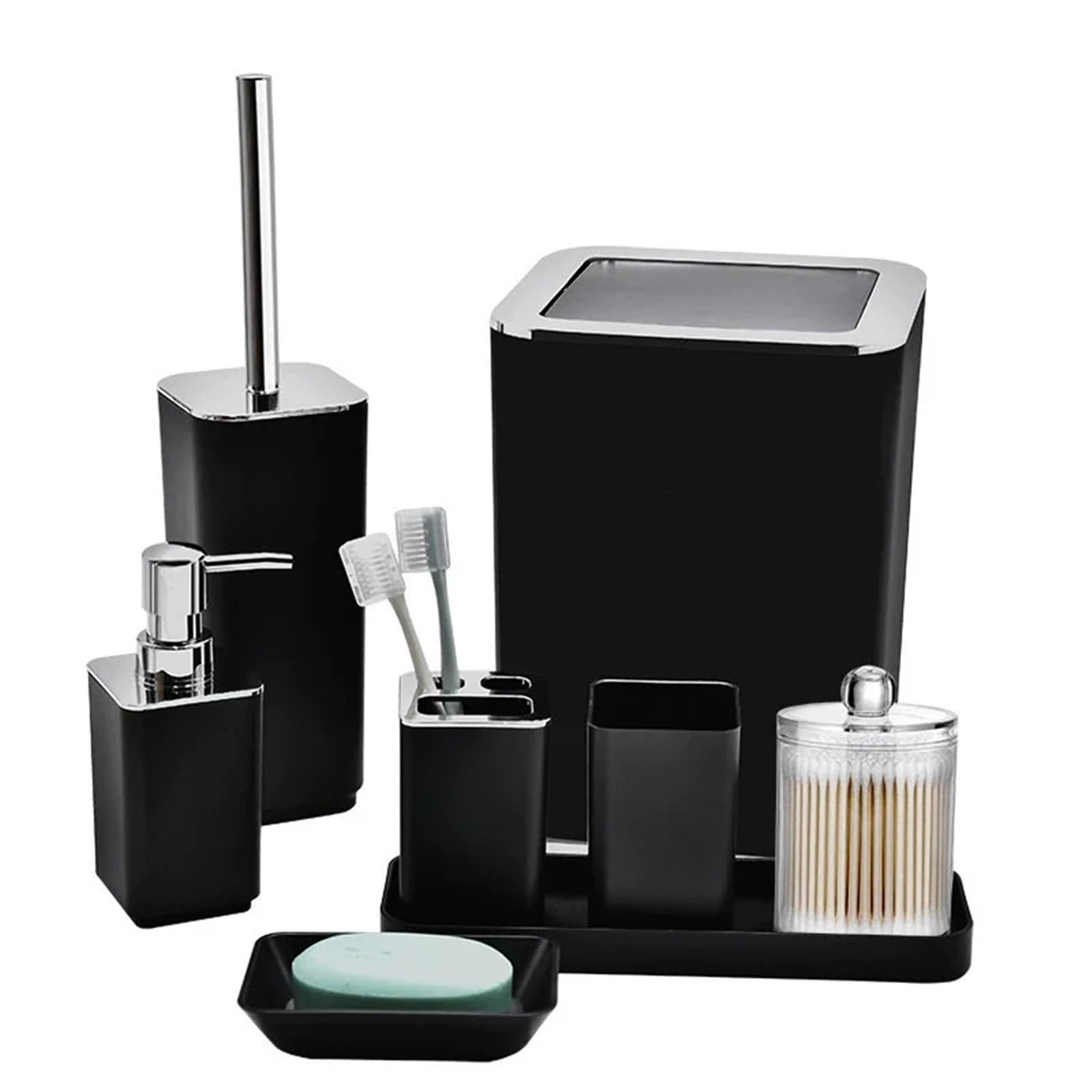 Bathroom Set 1Set Soap Dispenser Box Toilet Brush Lotion Bottle Trash Can Bathroom Storage Set Toothbrush Cup Holder(Color1)