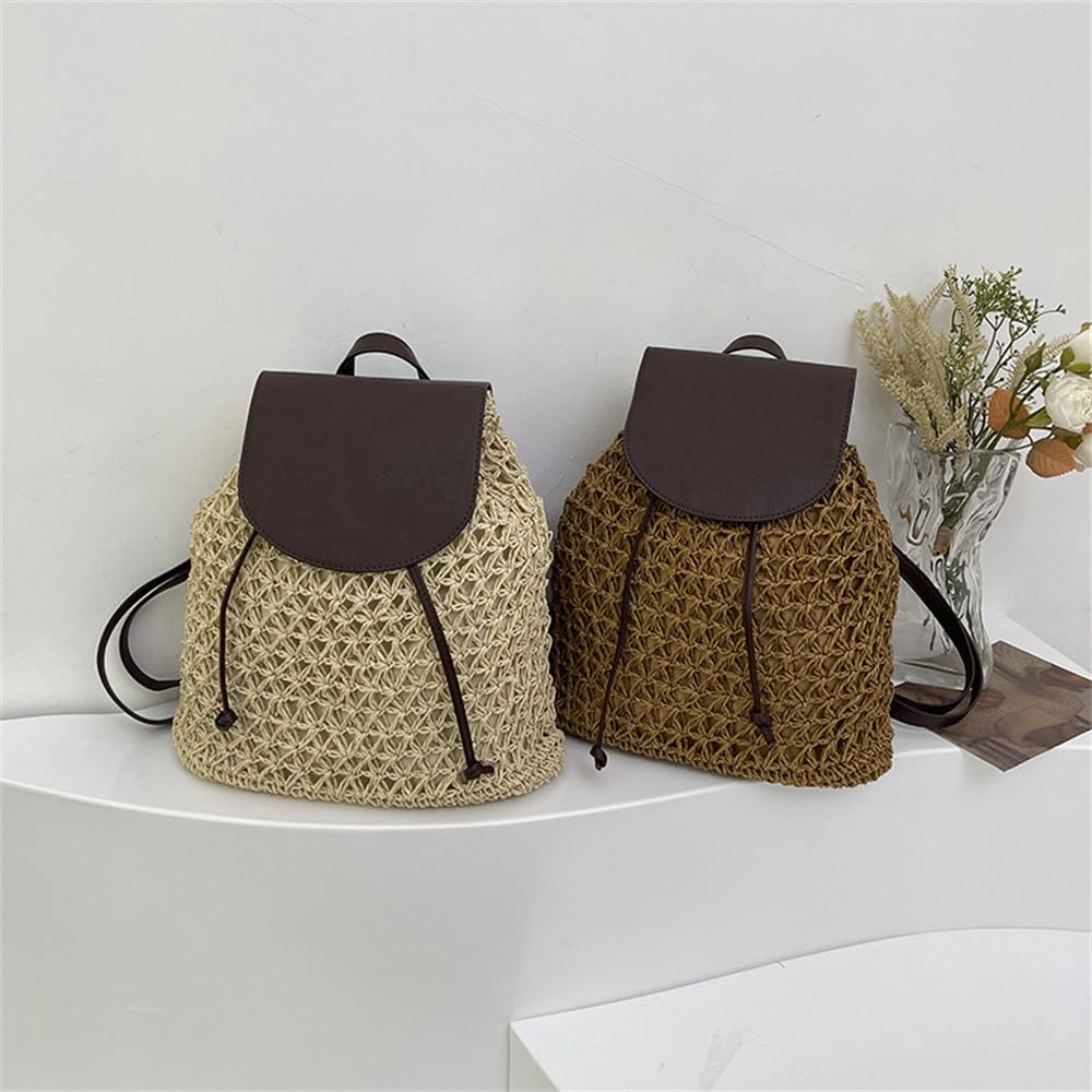 Strohrucksack für Damen Damen-Strohtaschen for Frühling und Sommer, Umhängetaschen(Beige)