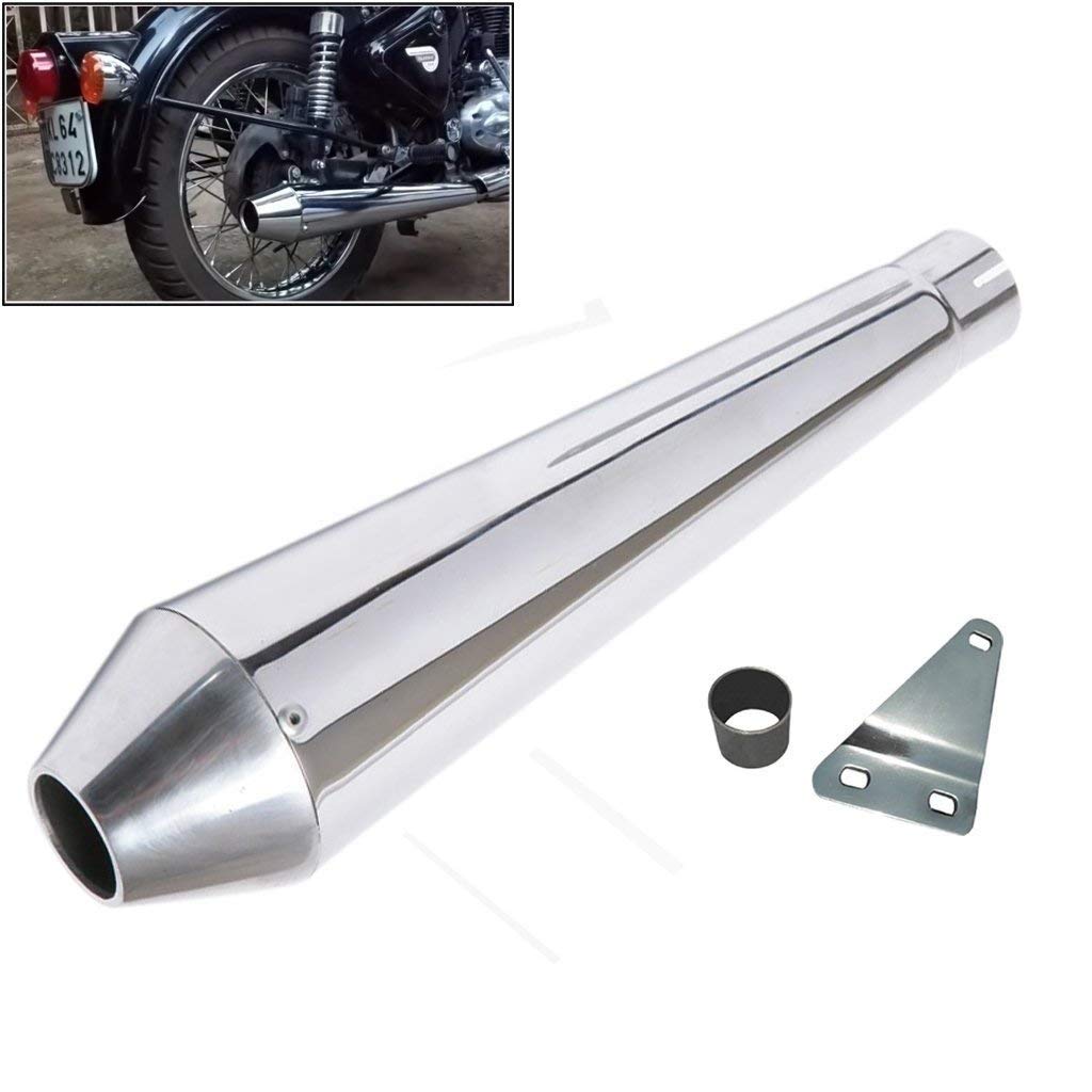 Bike Bullet Megaphone Revers Cone Silencer Exhaust Glasswool Chrome Bike Mega Phone Silencer Exhaust with Zed Clamp & Bush for Royal Enfield Bullet 350 Twin Spark-image-43