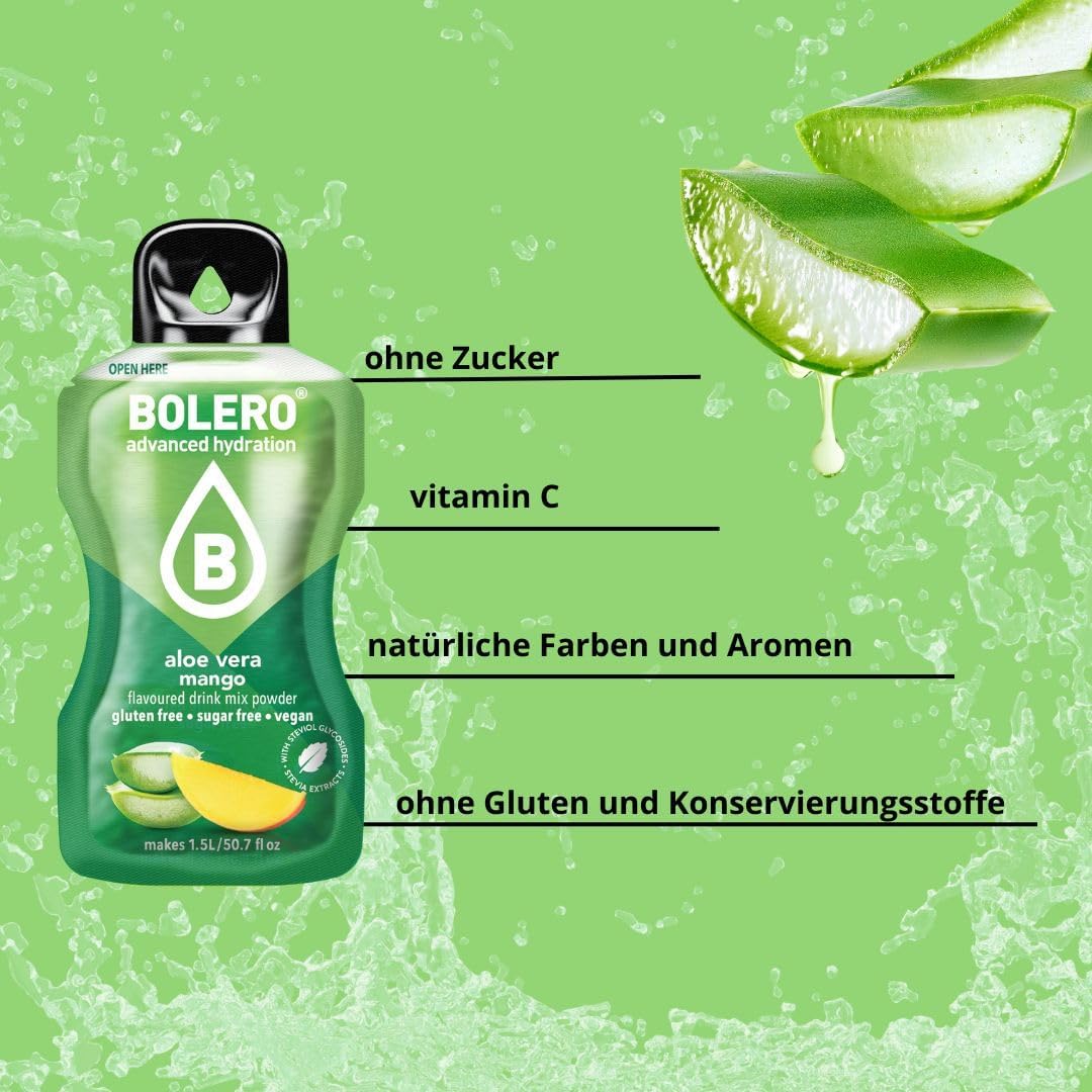 Bolero ALOE VERA MIX 24x9g | Saftpulver ohne Zucker, gesüßt mit Stevia + Vitamin C | geeignet für Kinder, Sportler und Diabetiker | glutenfrei und veganfreundlich