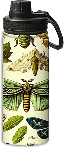 Yioniii Botella de agua deportiva a prueba de fugas con patrón de insectos y polillas, 18 onzas, de acero inoxidable duradero de doble pared,