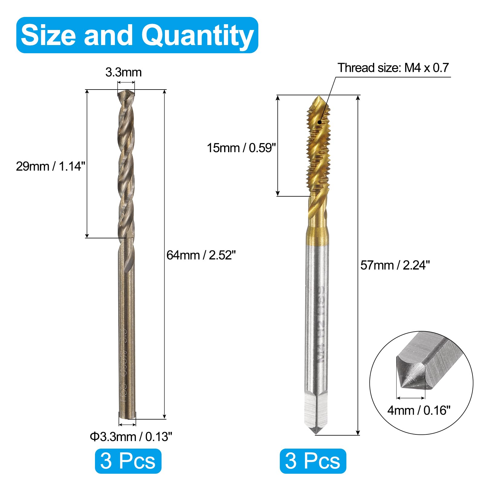 Set di Maschi e Punte da Trapano, 3 Maschi per Filettatura a Spirale metrica M4 x 0,7 e 3 Punte elicoidali da Trapano da 3,3 mm, rivestite in Titanio/Giallo tostato HSS-6542/M35 HSS-CO.