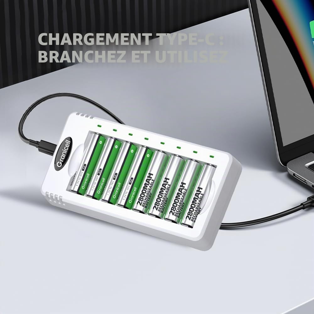 Granicell Kit de Chargeur avec 8 Piles AA et 8 Piles AAA Rechargeables NiMH - Charge Rapide