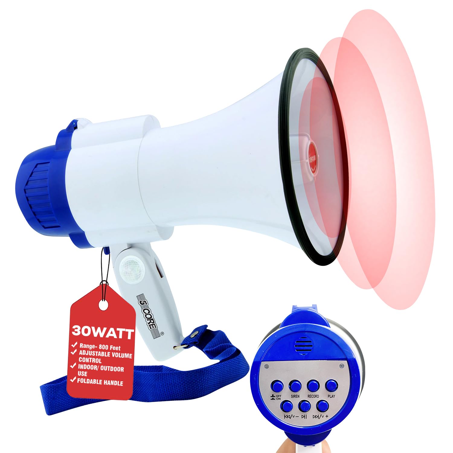 5 CORE Megaphone Bull Horn 30W Loud Speaker 800 Ft Range Portable Bullhorn w Recording Volume Control Siren Noise Maker for Kids and Adults for Cheerleading Football Safety Drills